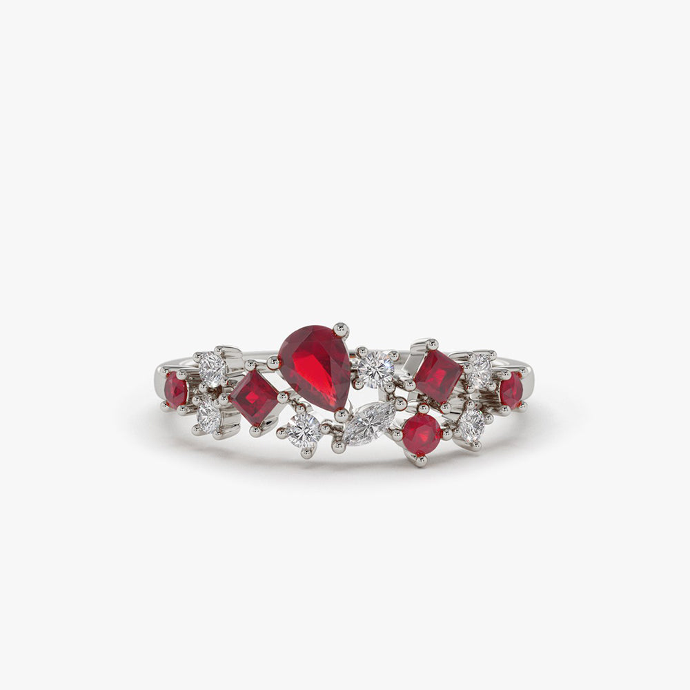 OBFJ2069 - 14k Ruby and Diamond Mixed Shape Cluster Ring 4