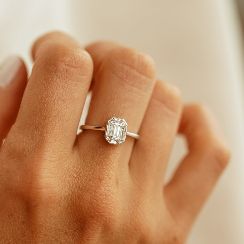 OBFJ1991 - Emerald Cut Illusion Mosaic Solitaire Engagement Ring ring in selectable metal and diamond options - Roselle Jewelry view 2