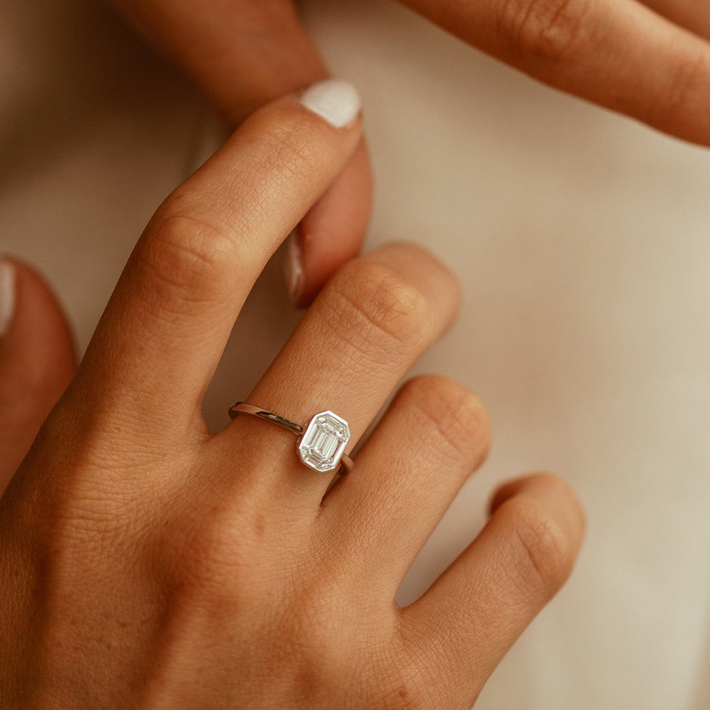 OBFJ1991 - Emerald Cut Illusion Mosaic Solitaire Engagement Ring ring in selectable metal and diamond options - Roselle Jewelry view 5