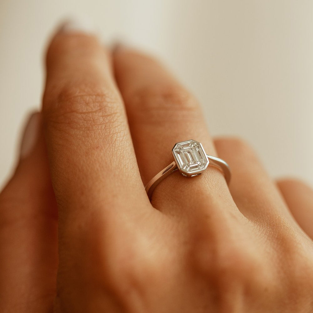 OBFJ1991 - Emerald Cut Illusion Mosaic Solitaire Engagement Ring ring in selectable metal and diamond options - Roselle Jewelry view 4