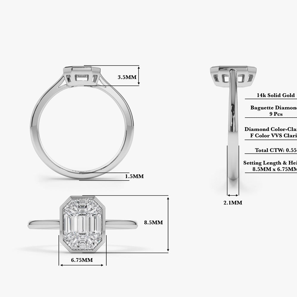 OBFJ1991 - Emerald Cut Illusion Mosaic Solitaire Engagement Ring ring in selectable metal and diamond options - Roselle Jewelry view 9