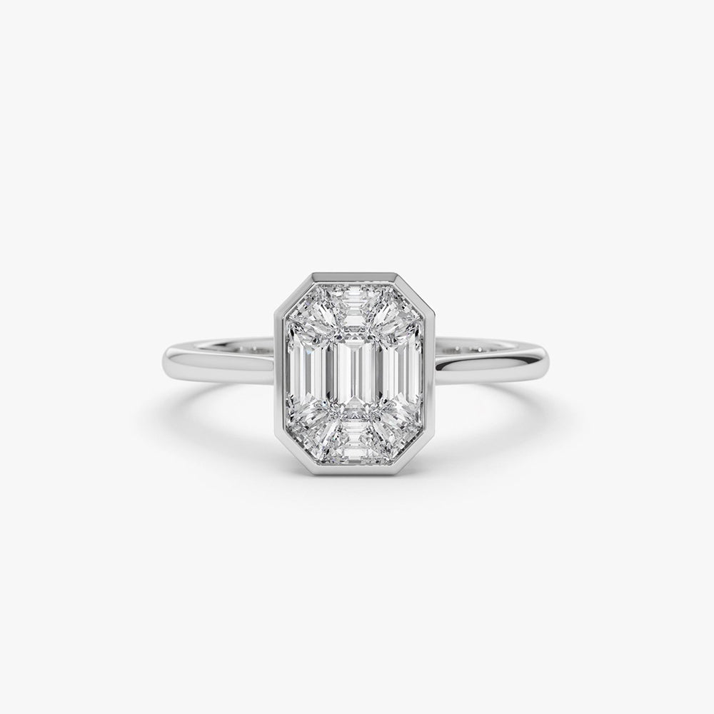 OBFJ1991 - Emerald Cut Illusion Mosaic Solitaire Engagement Ring ring in selectable metal and diamond options - Roselle Jewelry view 1