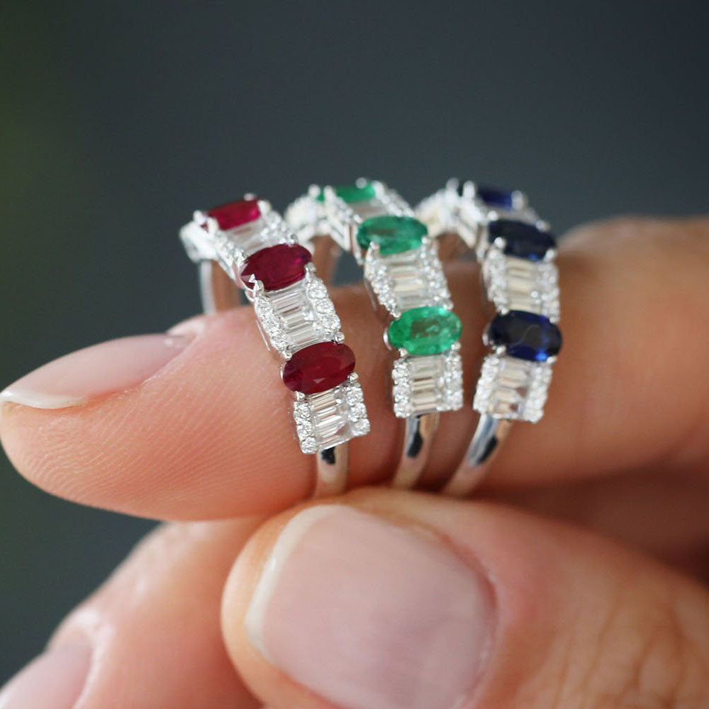 OBFJ2043 - Baguette & Round Diamond with Genuine Ruby Ring ring in selectable metal and diamond options - Roselle Jewelry view 4