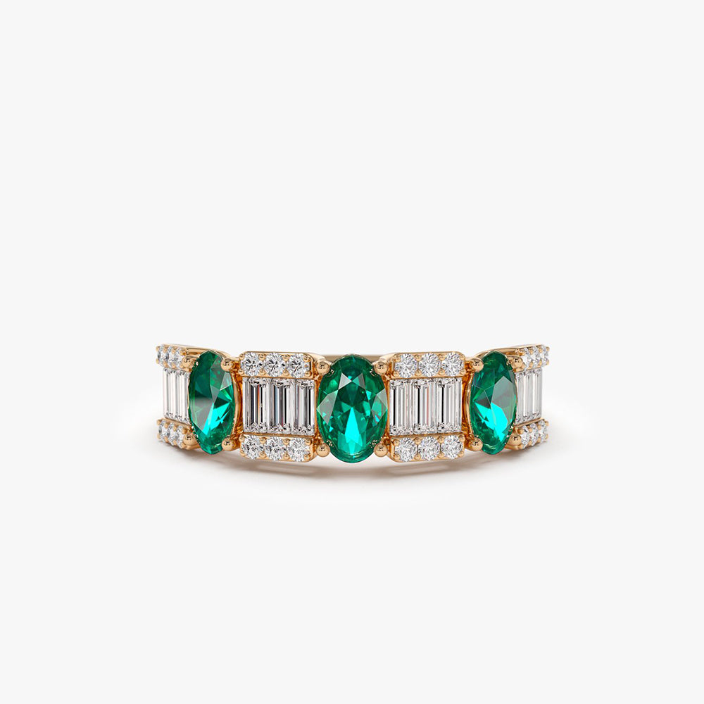 OBFJ2042 - Baguette & Round Diamond with Genuine Emerald Ring ring in selectable metal and diamond options - Roselle Jewelry view 6