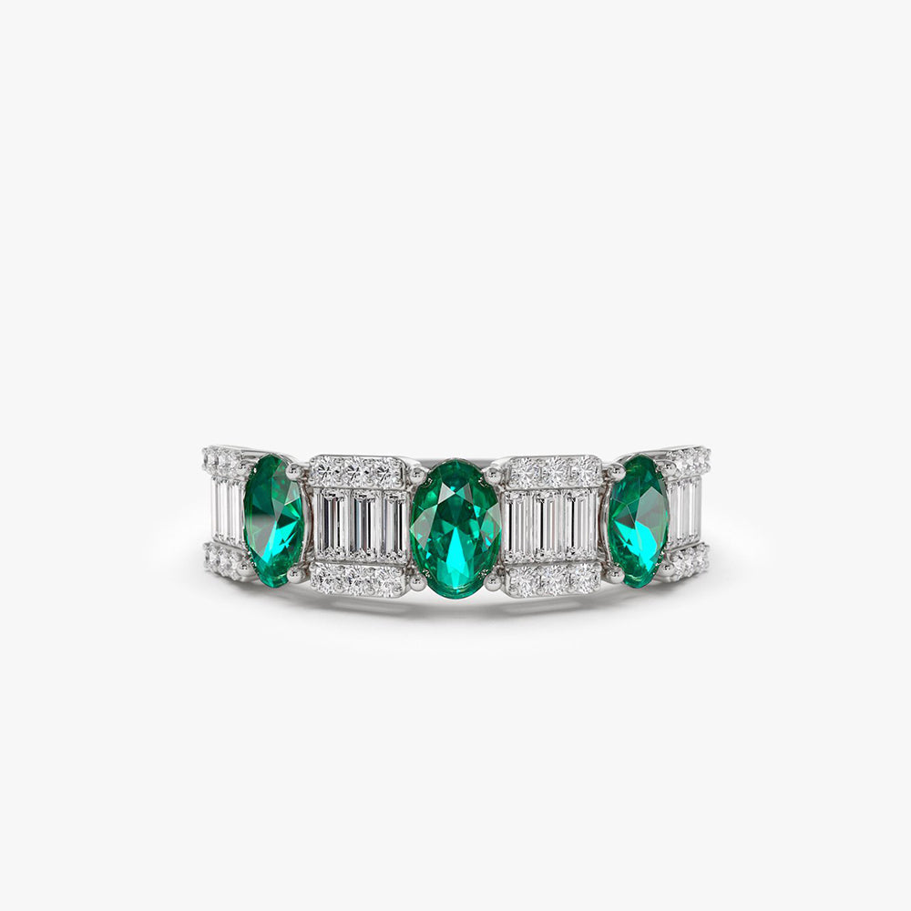 OBFJ2042 - Baguette & Round Diamond with Genuine Emerald Ring ring in selectable metal and diamond options - Roselle Jewelry view 7