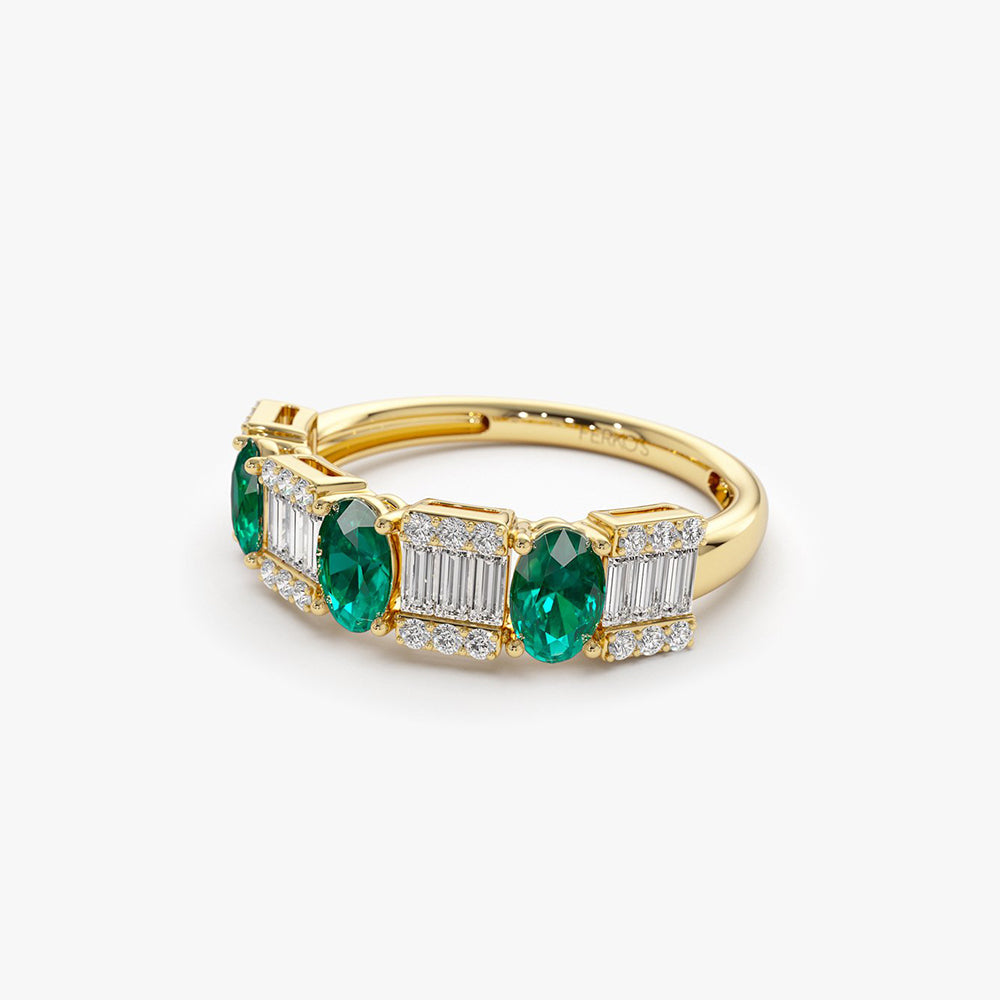 OBFJ2042 - Baguette & Round Diamond with Genuine Emerald Ring ring in selectable metal and diamond options - Roselle Jewelry view 8