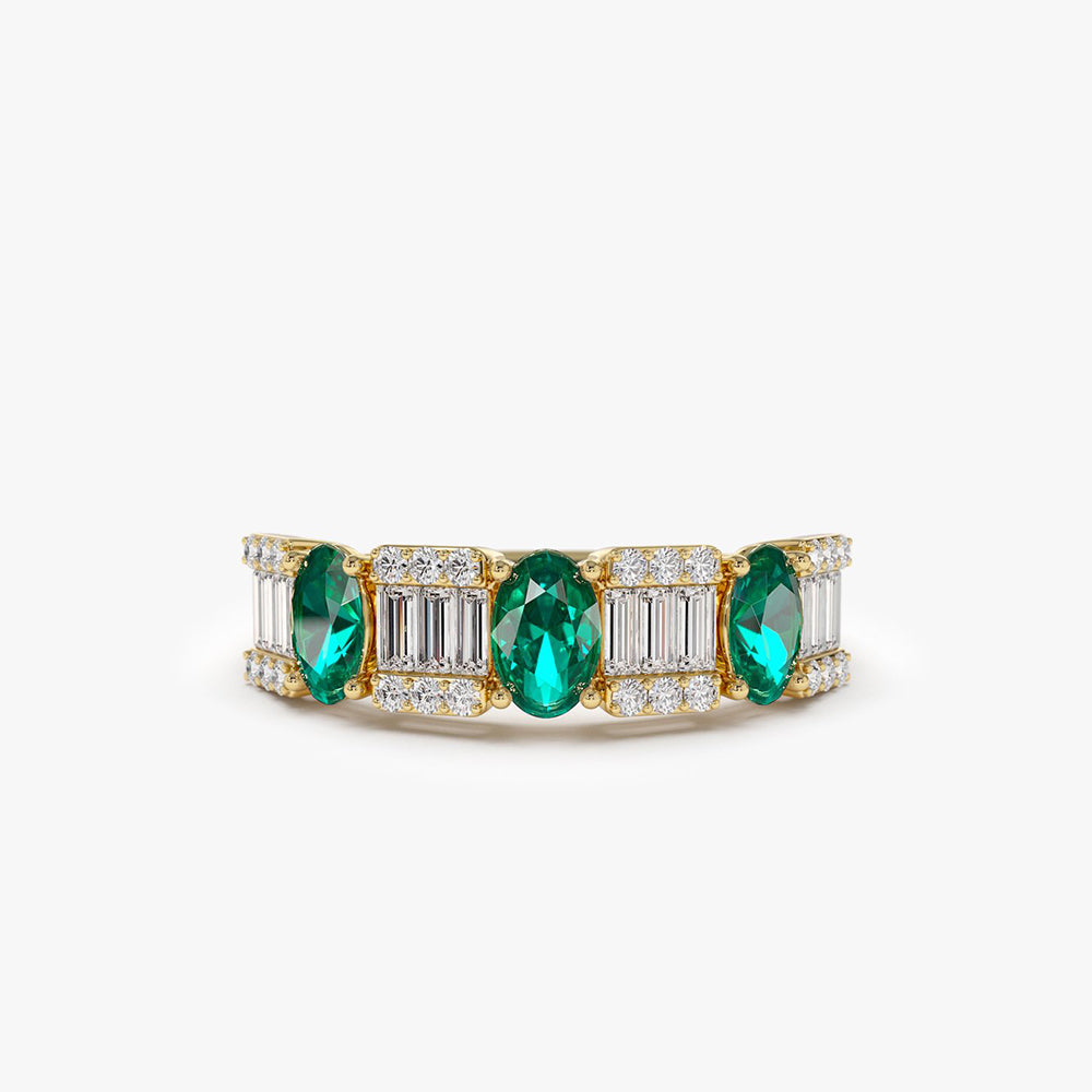 OBFJ2042 - Baguette & Round Diamond with Genuine Emerald Ring ring in selectable metal and diamond options - Roselle Jewelry view 1