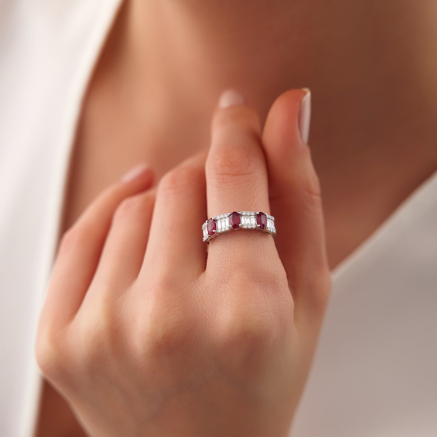 OBFJ2043 - Baguette & Round Diamond with Genuine Ruby Ring ring in selectable metal and diamond options - Roselle Jewelry view 2