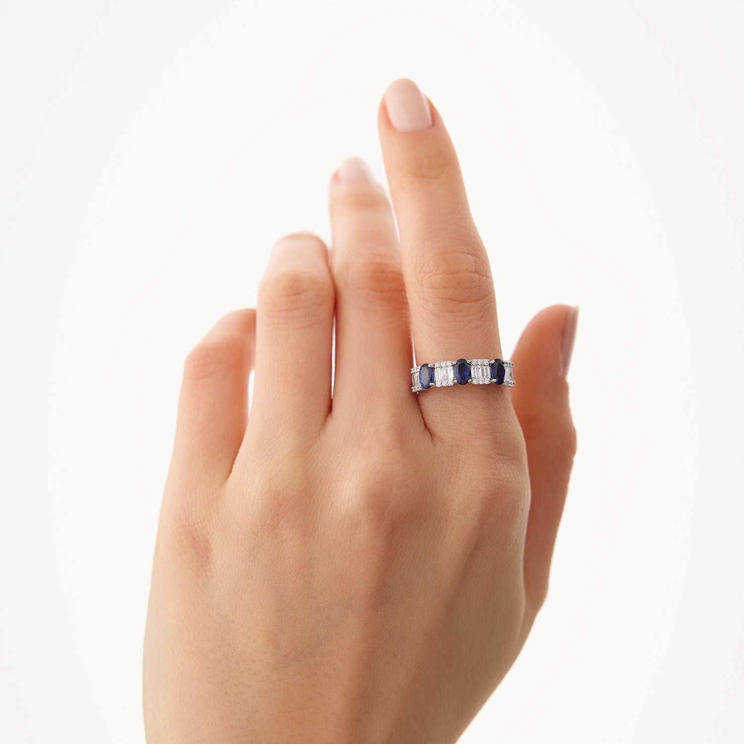 OBFJ0007 - Baguette & Round Diamond with Genuine Sapphire Ring - 14K Rose Gold 2