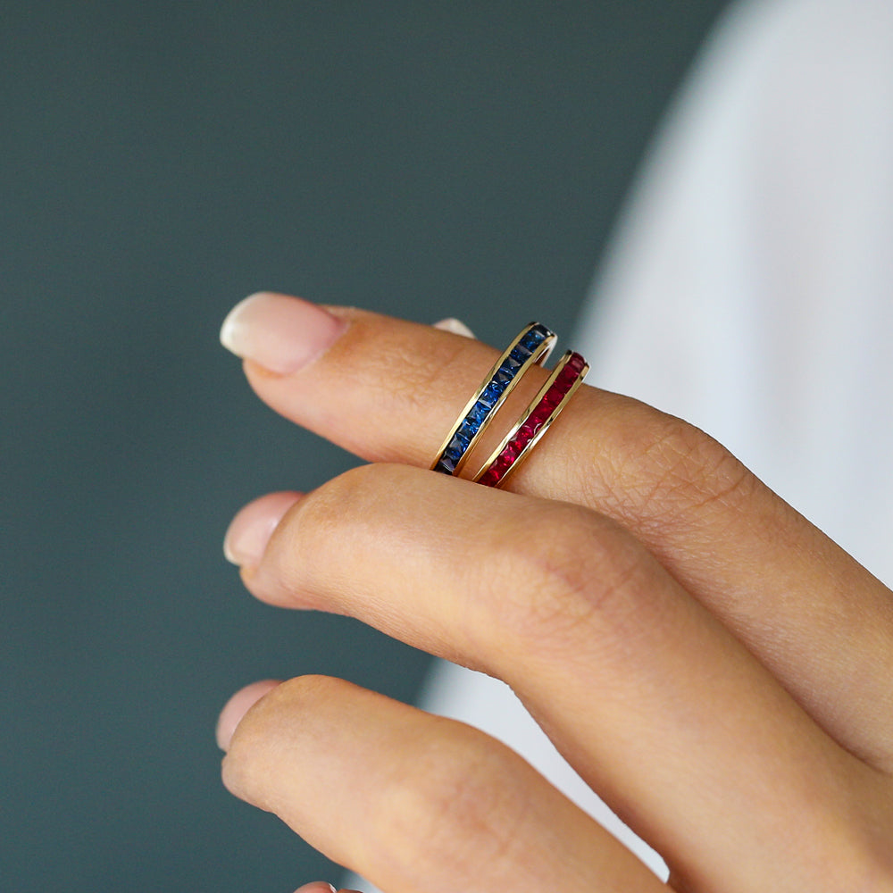 OBFJ2081 - Full Eternity Princess Cut Sapphire Ring ring in selectable metal and diamond options - Roselle Jewelry view 3