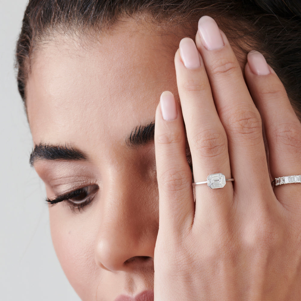 OBFJ1528 - East West Illusion Setting Emerald Pie Cut Diamond Ring ring in selectable metal and diamond options - Roselle Jewelry view 3