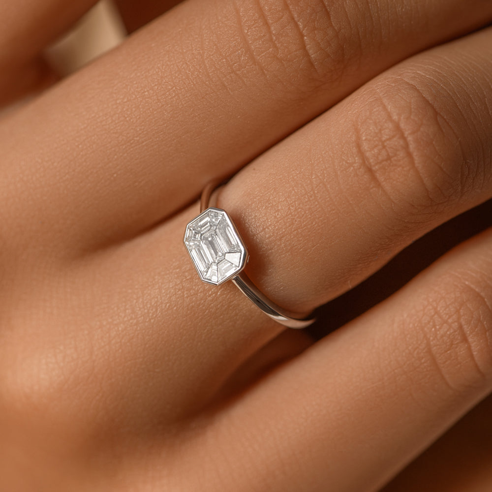 OBFJ1528 - East West Illusion Setting Emerald Pie Cut Diamond Ring ring in selectable metal and diamond options - Roselle Jewelry view 4