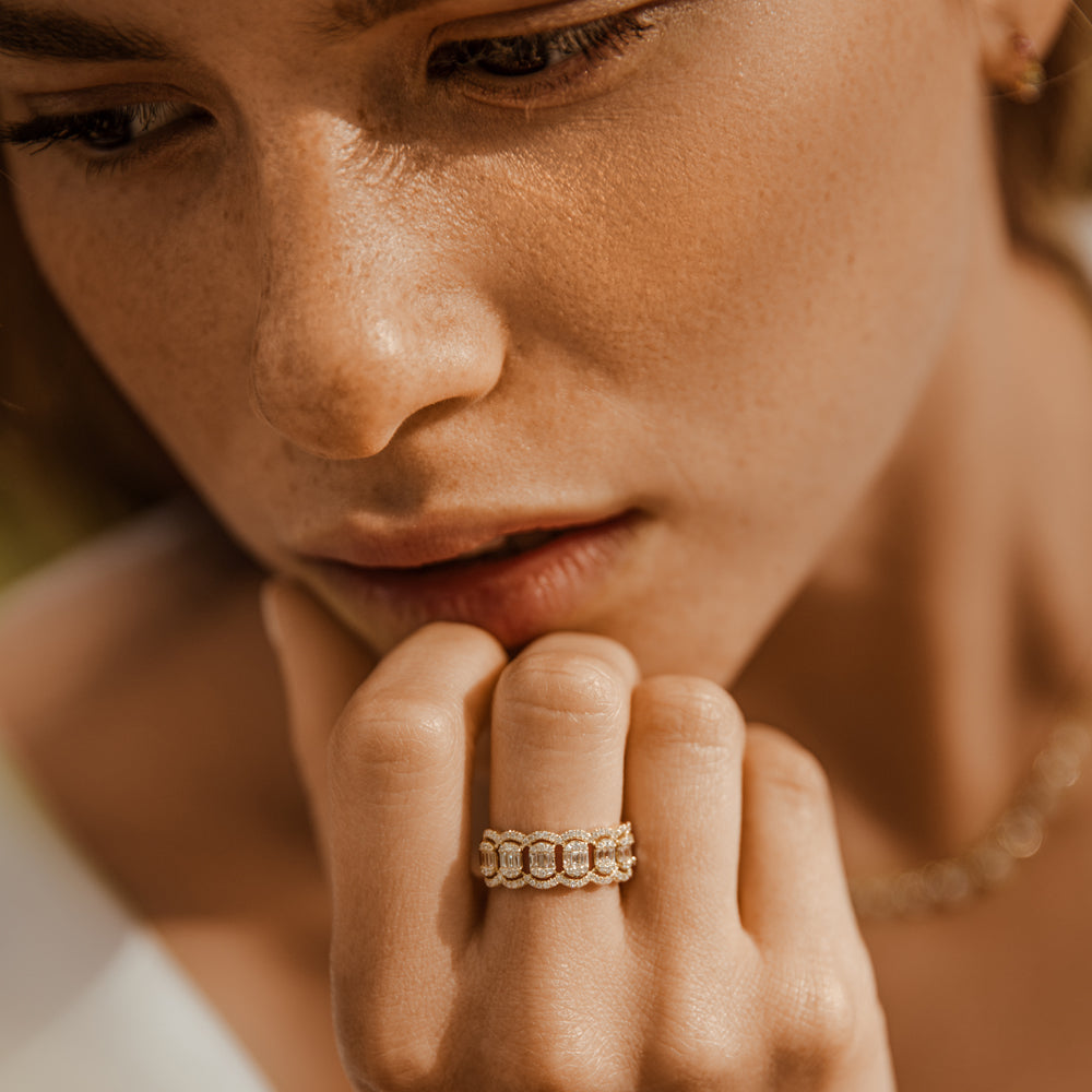 OBFJ2116 - Baguette Diamond Ring in Halo Setting ring in selectable metal and diamond options - Roselle Jewelry view 2