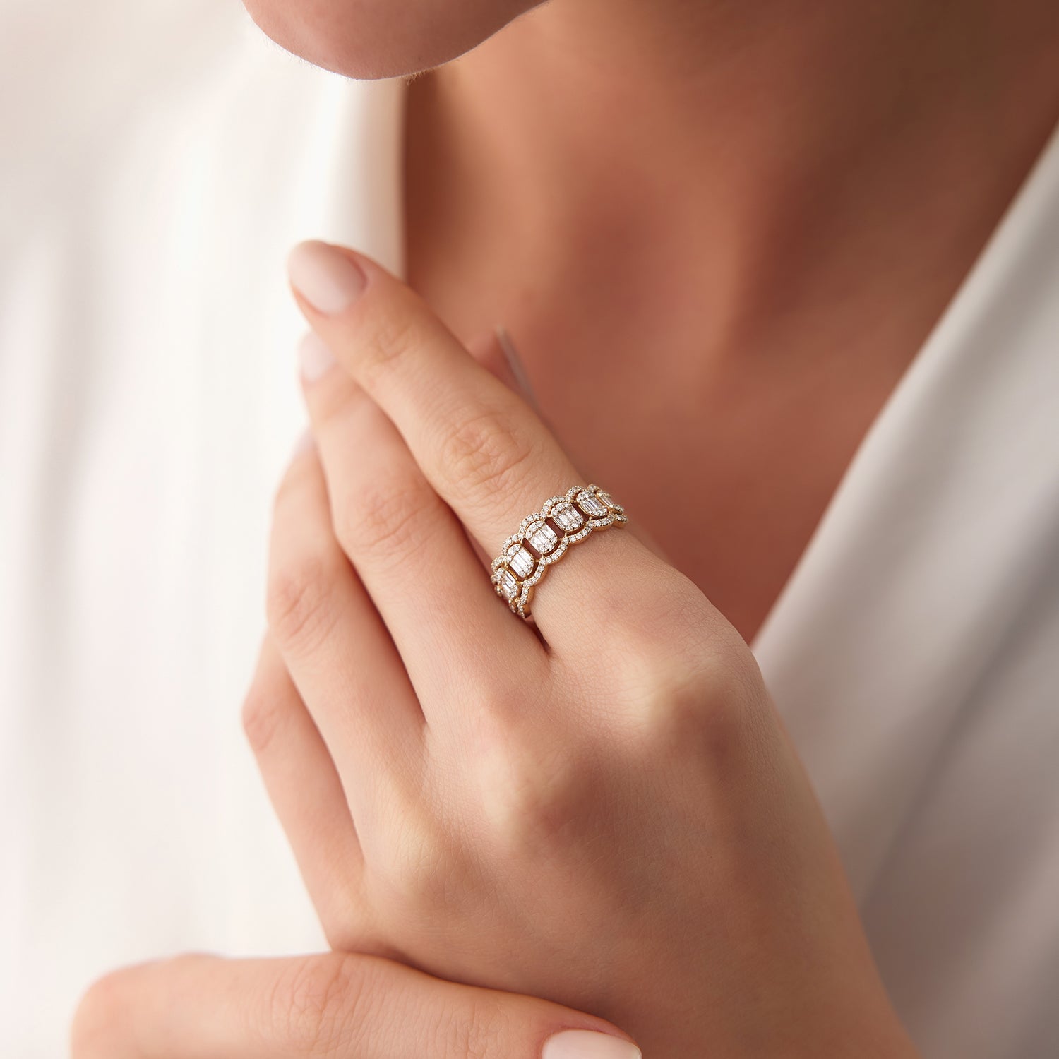 OBFJ2116 - Baguette Diamond Ring in Halo Setting ring in selectable metal and diamond options - Roselle Jewelry view 3
