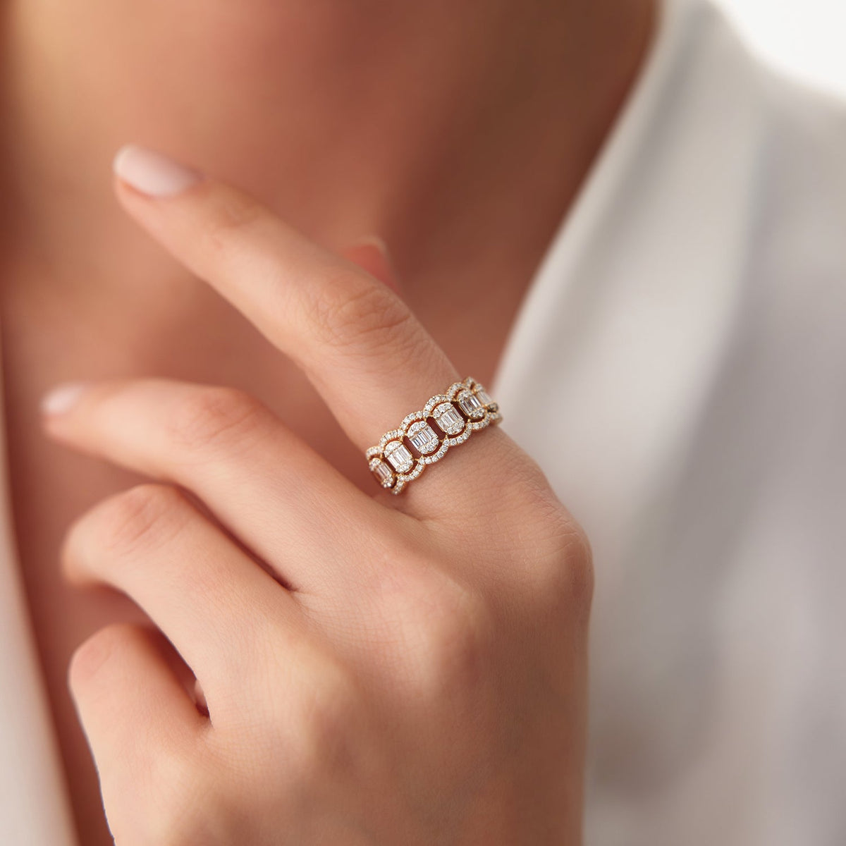 OBFJ2116 - Baguette Diamond Ring in Halo Setting ring in selectable metal and diamond options - Roselle Jewelry view 4
