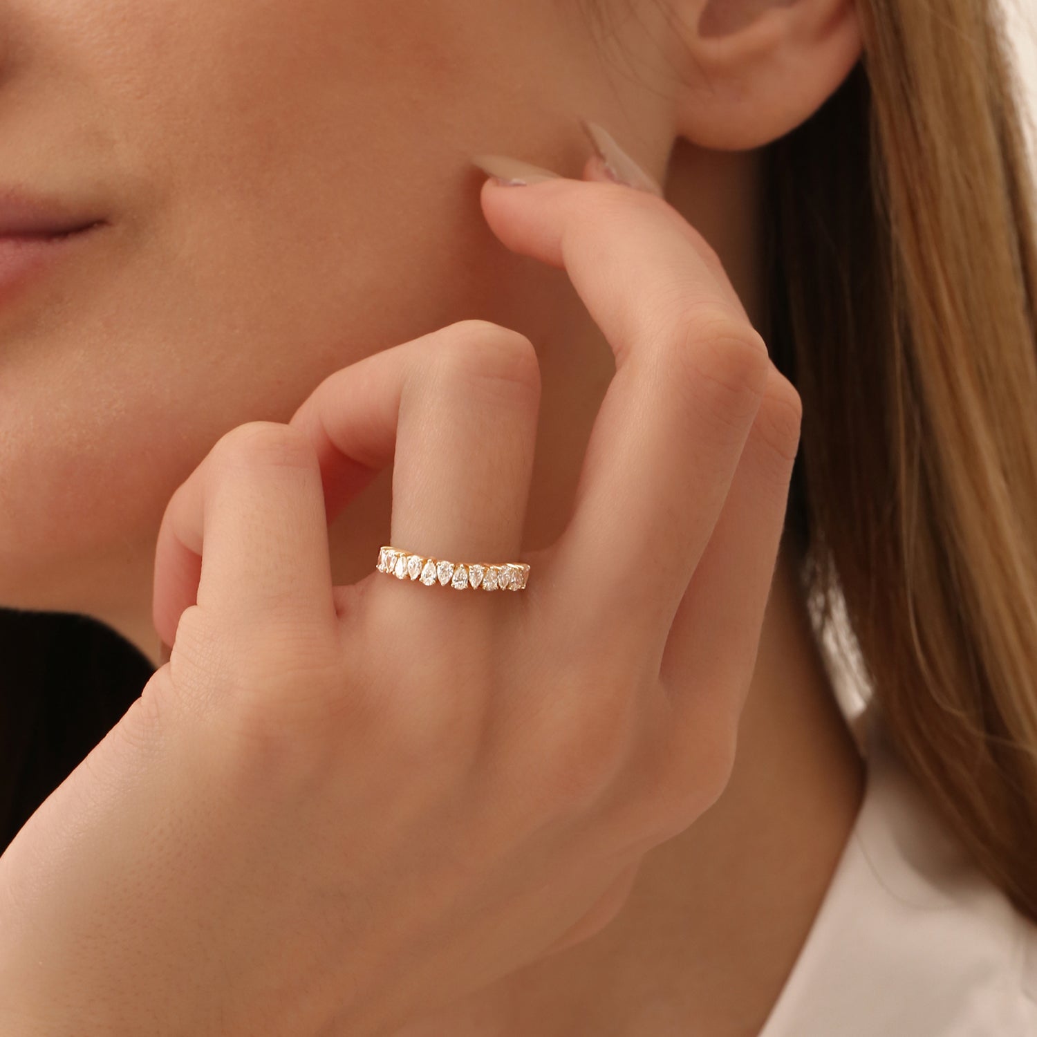 OBFJ2122 - Pear Shape HalF Eternity Diamond Band ring in selectable metal and diamond options - Roselle Jewelry view 3