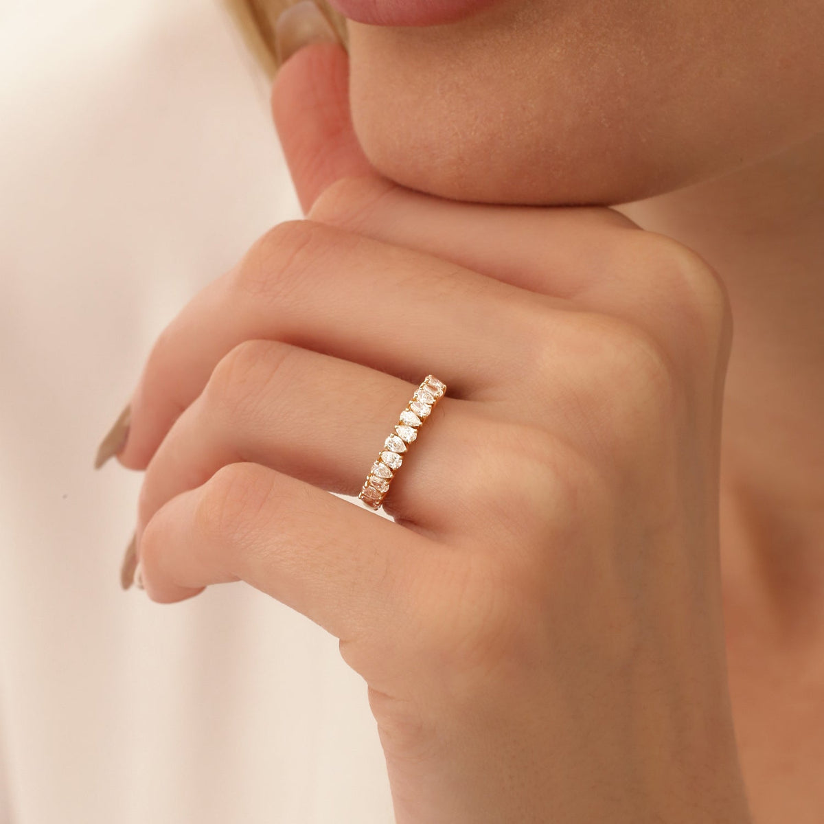 OBFJ2122 - Pear Shape HalF Eternity Diamond Band ring in selectable metal and diamond options - Roselle Jewelry view 2