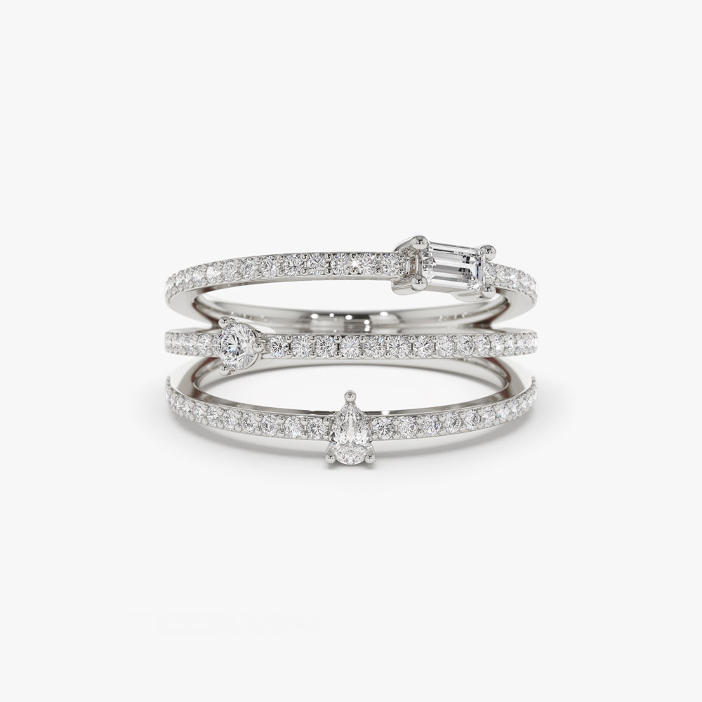 OBFJ2168 - 14k Gold Triple Row Mix Diamond Statement Ring 6