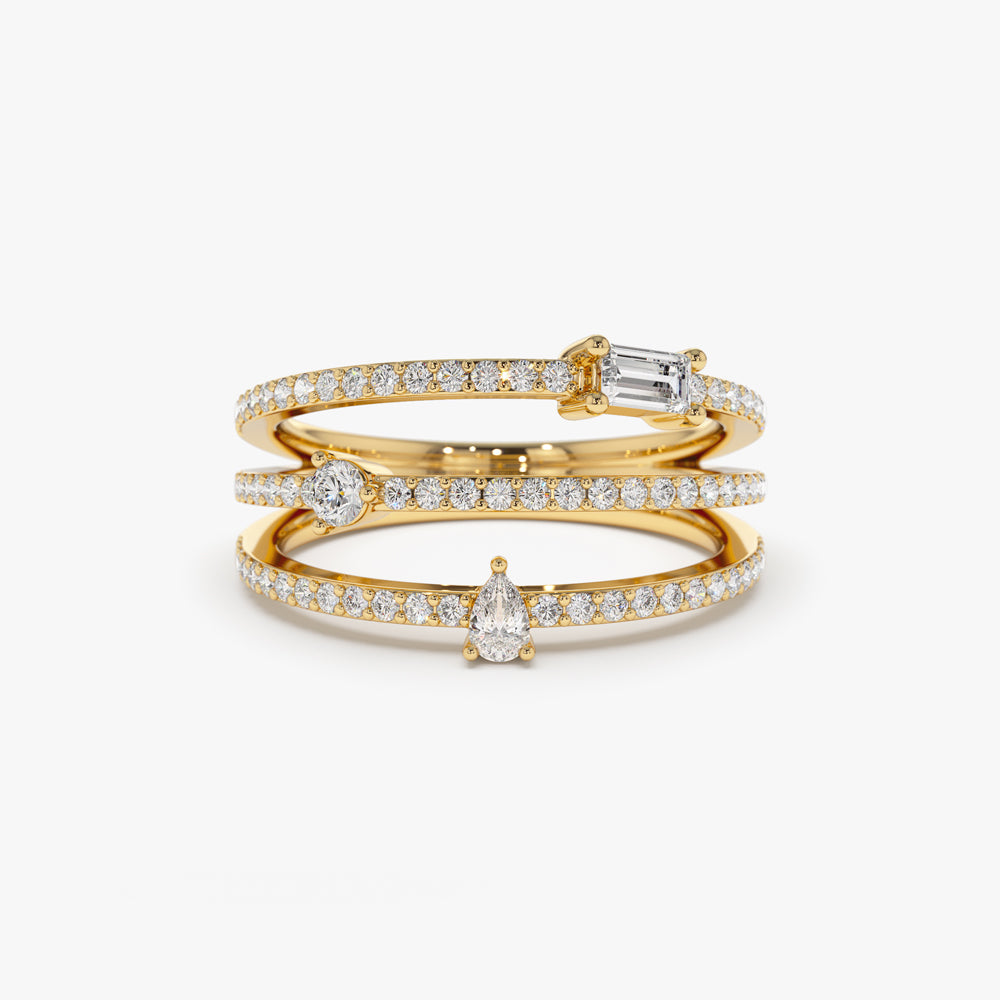 OBFJ2168 - 14k Gold Triple Row Mix Diamond Statement Ring 1