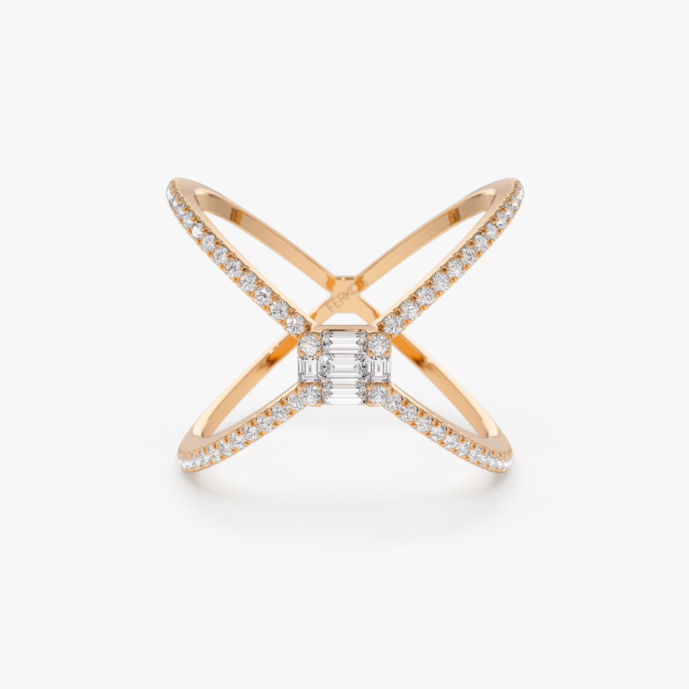 OBFJ2076 - 14k Gold Baguette and Round Diamond Illusion Setting Statement Ring 5
