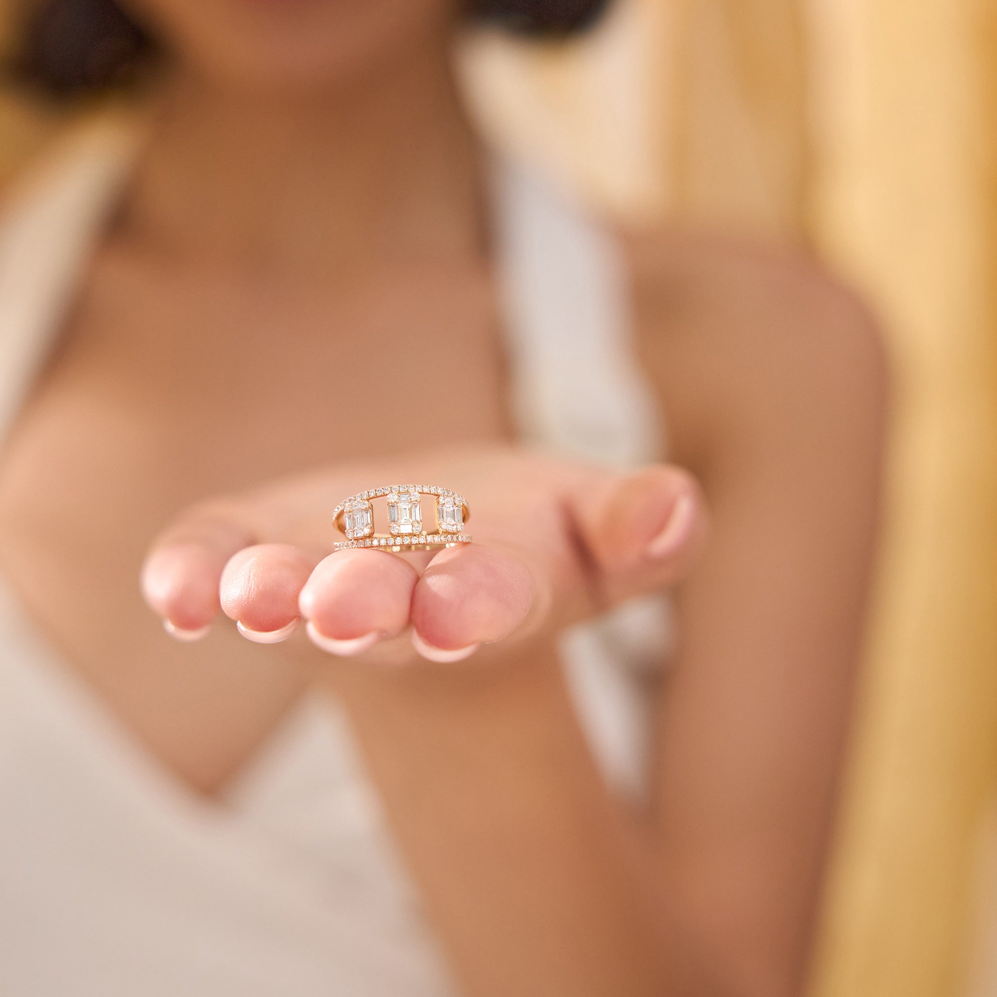OBFJ2186 - Baguette and Round Diamond Illusion Setting Cocktail Ring ring in selectable metal and diamond options - Roselle Jewelry view 3