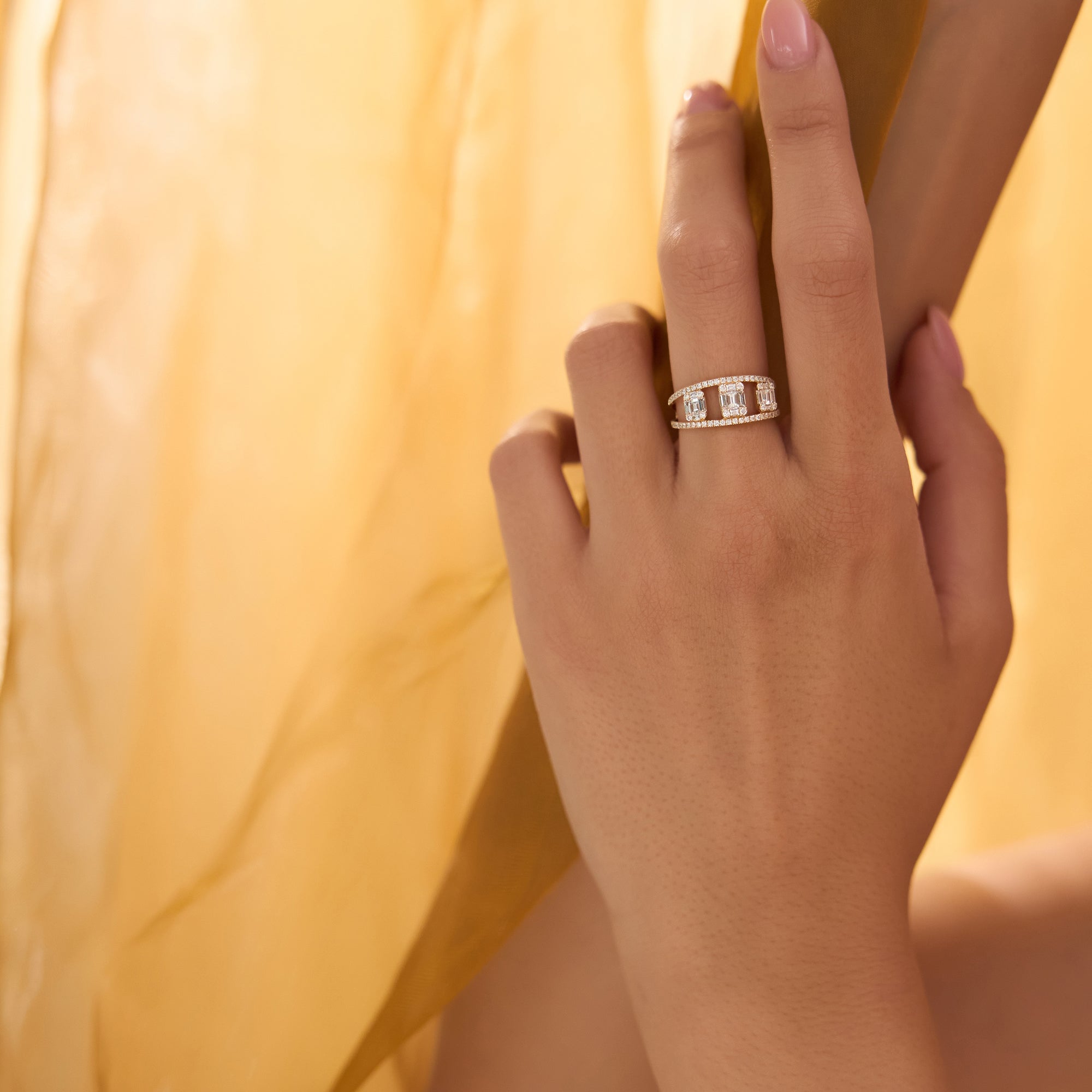OBFJ2186 - Baguette and Round Diamond Illusion Setting Cocktail Ring ring in selectable metal and diamond options - Roselle Jewelry view 4