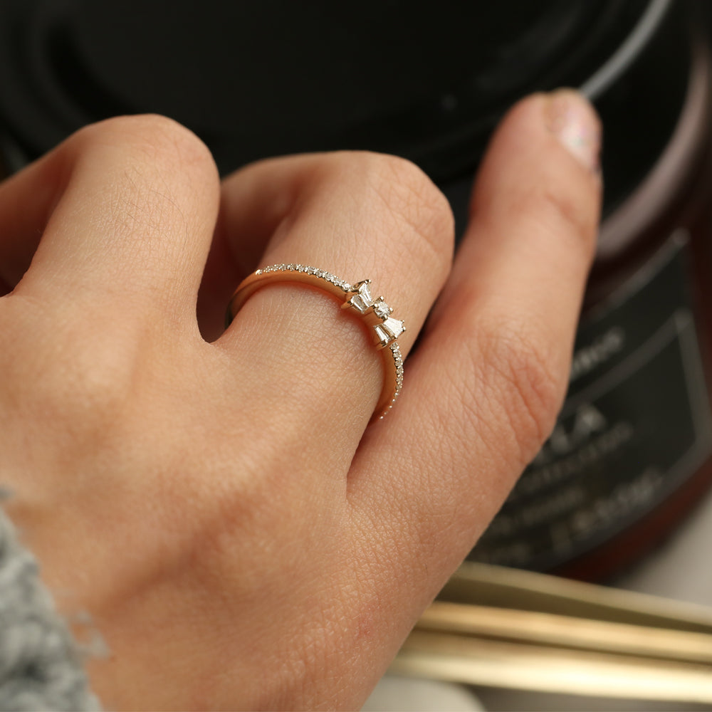 OBFJ2197 - Baguette and Round Diamond Bow Ring ring in selectable metal and diamond options - Roselle Jewelry view 3