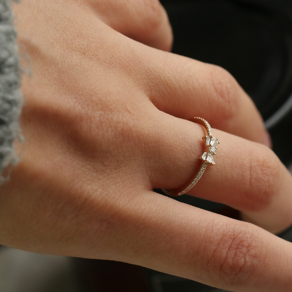 OBFJ2197 - Baguette and Round Diamond Bow Ring ring in selectable metal and diamond options - Roselle Jewelry view 4