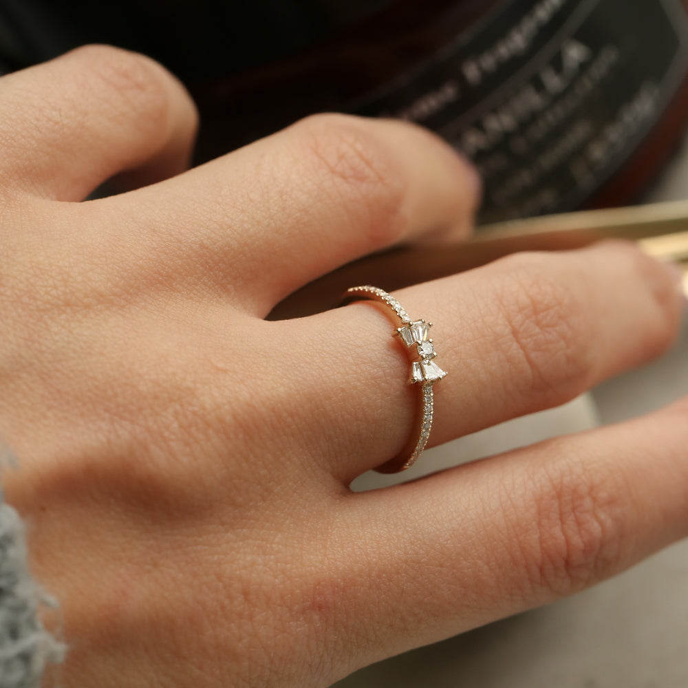 OBFJ2197 - Baguette and Round Diamond Bow Ring ring in selectable metal and diamond options - Roselle Jewelry view 2