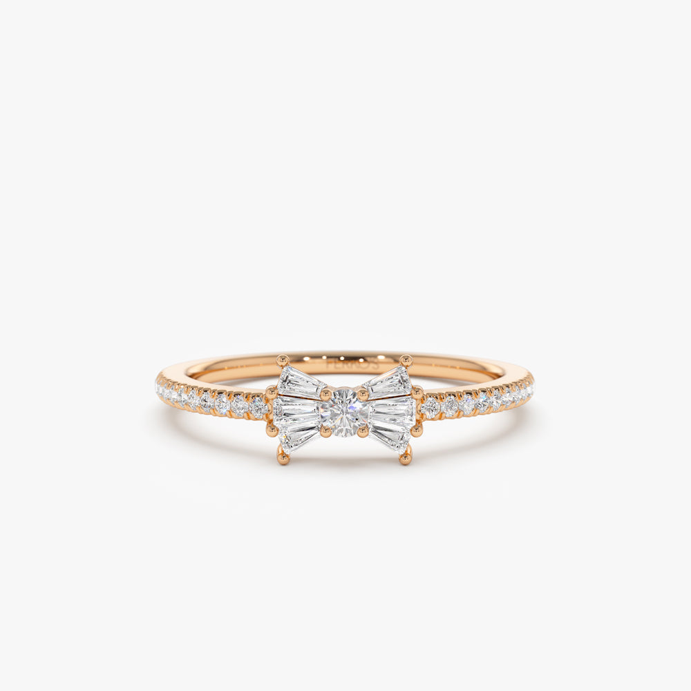 OBFJ2197 - Baguette and Round Diamond Bow Ring ring in selectable metal and diamond options - Roselle Jewelry view 5