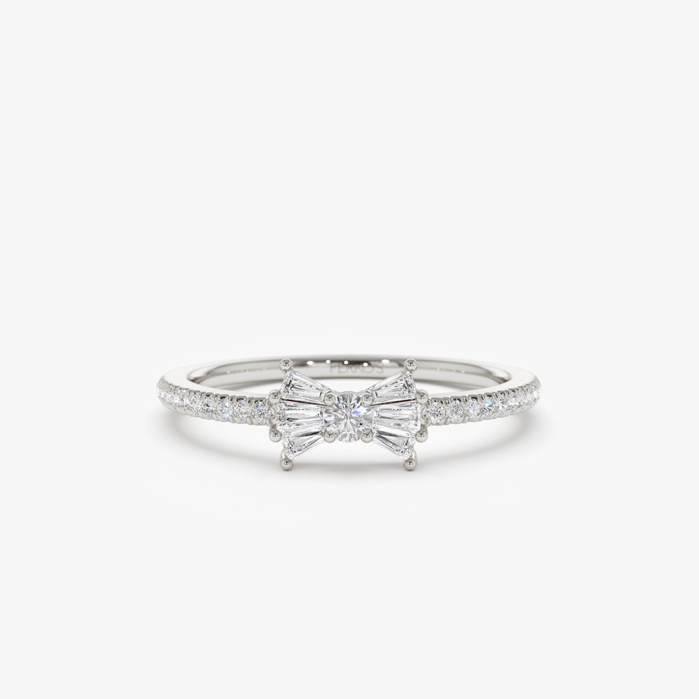 OBFJ2197 - Baguette and Round Diamond Bow Ring ring in selectable metal and diamond options - Roselle Jewelry view 6