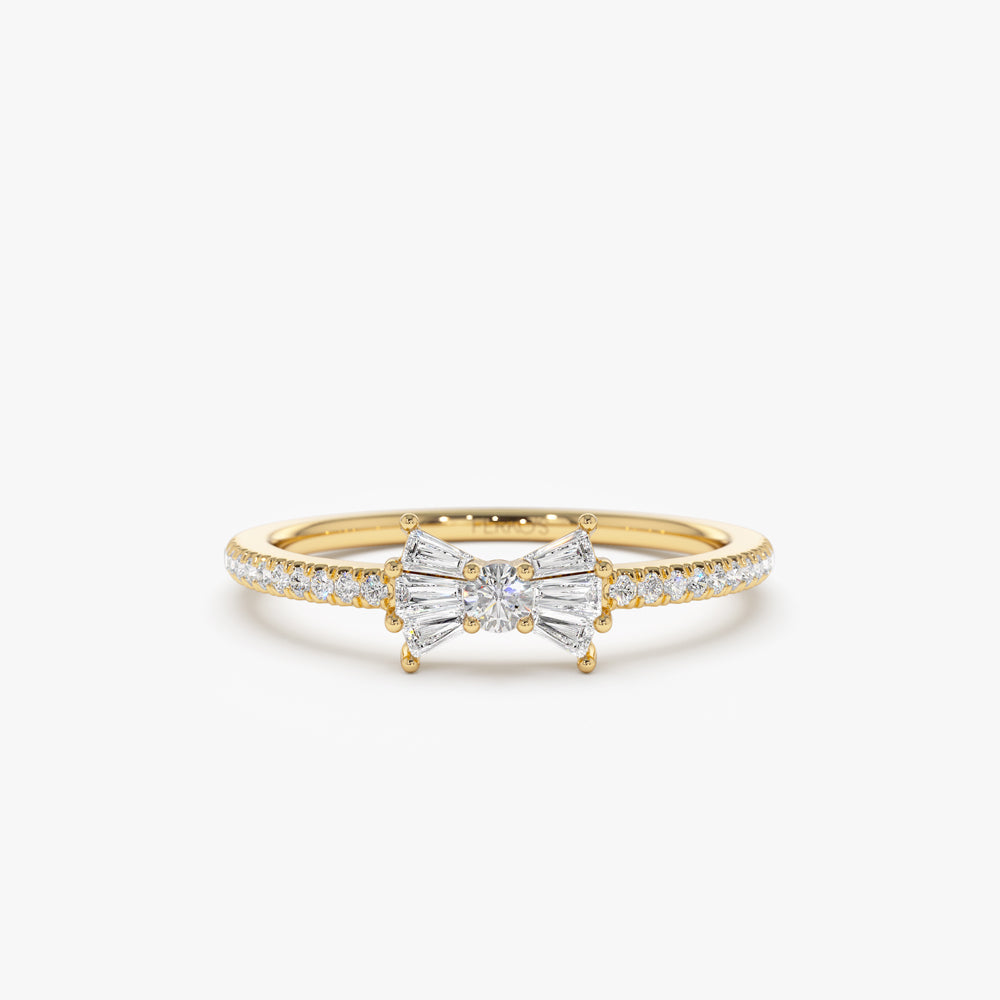 OBFJ2197 - Baguette and Round Diamond Bow Ring ring in selectable metal and diamond options - Roselle Jewelry view 1