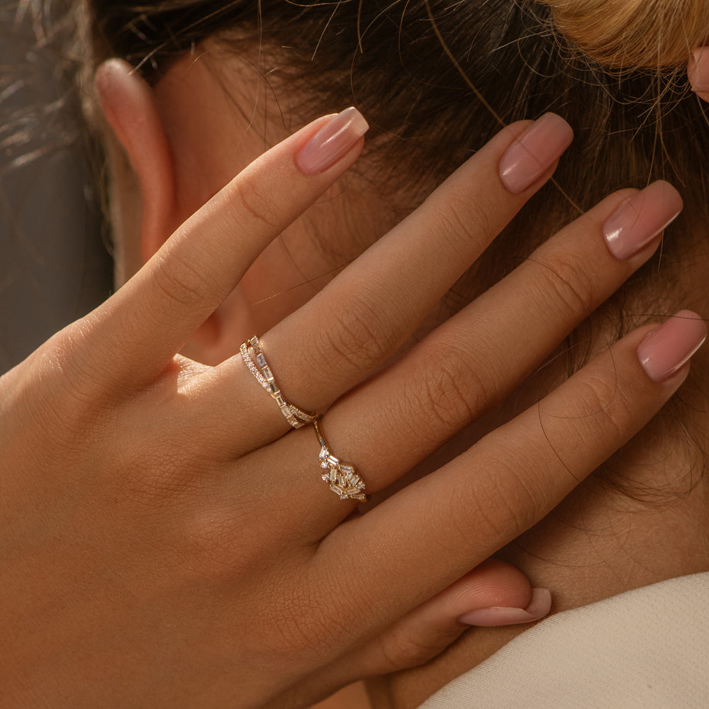 OBFJ2196 - Mix Baguette and Round Diamond Crossover Ring ring in selectable metal and diamond options - Roselle Jewelry view 3