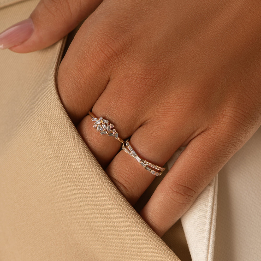 OBFJ2196 - Mix Baguette and Round Diamond Crossover Ring ring in selectable metal and diamond options - Roselle Jewelry view 2