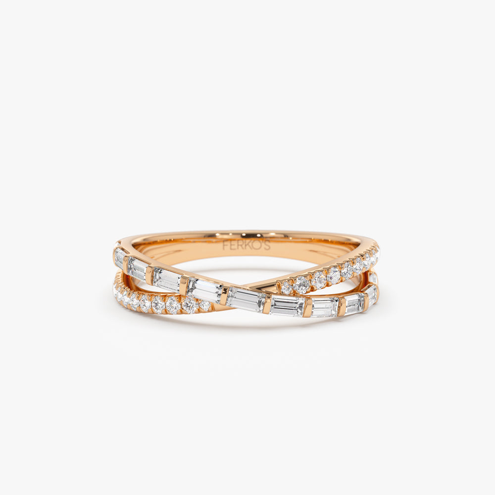 OBFJ2196 - Mix Baguette and Round Diamond Crossover Ring ring in selectable metal and diamond options - Roselle Jewelry view 6
