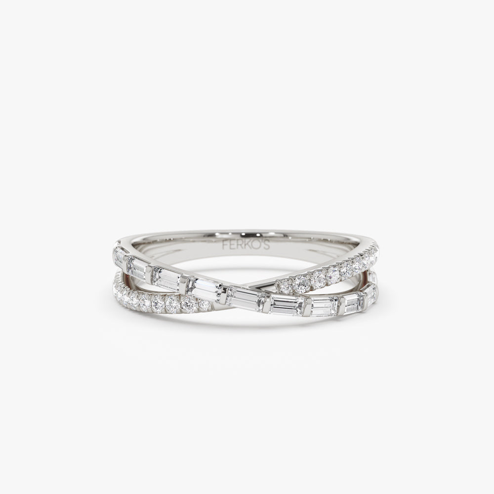 OBFJ2196 - Mix Baguette and Round Diamond Crossover Ring ring in selectable metal and diamond options - Roselle Jewelry view 7