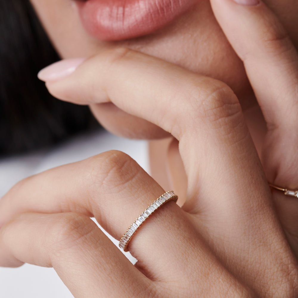OBFJ1127 - Dainty Stackable Full Eternity Baguette Diamond Ring ring in selectable metal and diamond options - Roselle Jewelry view 2