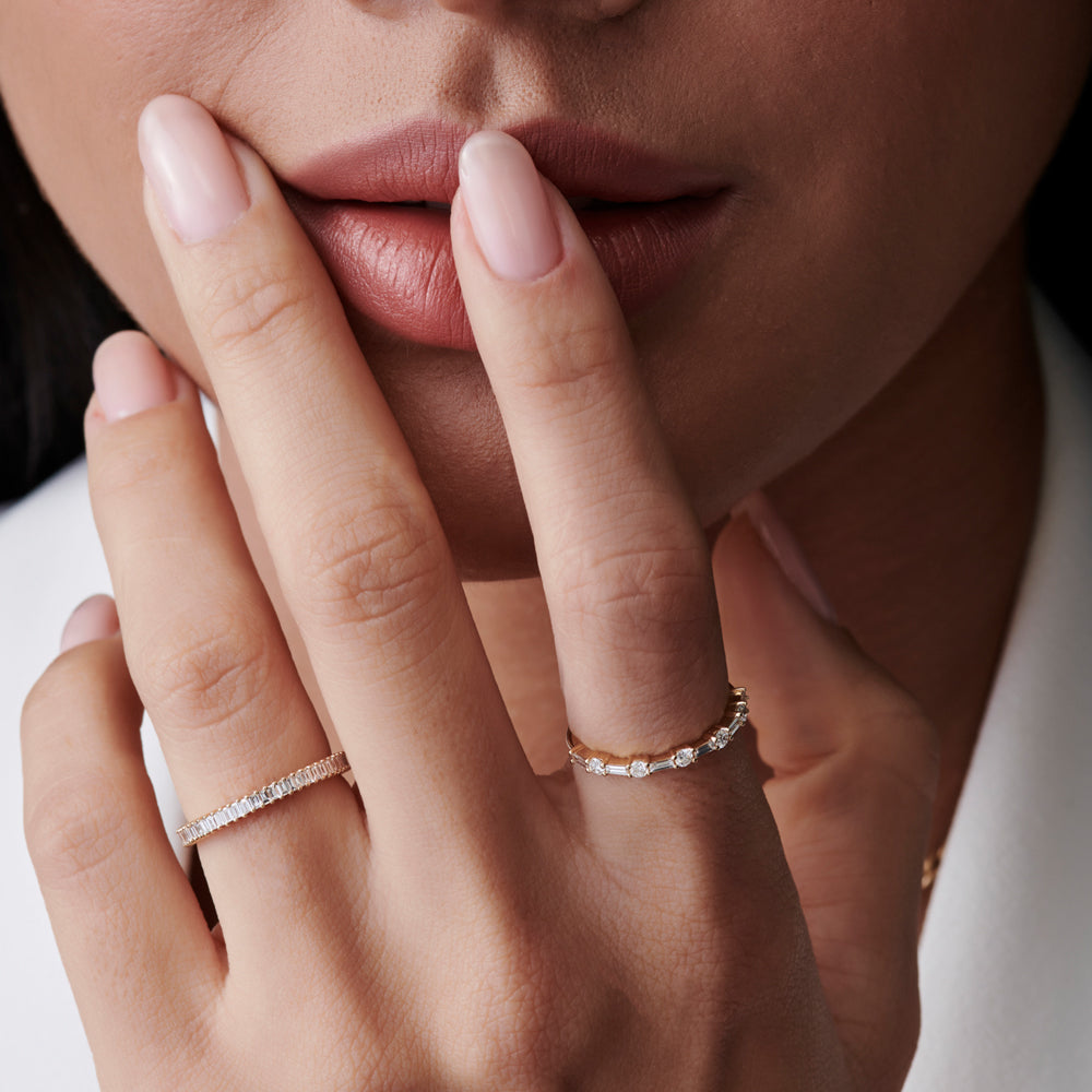 OBFJ1127 - Dainty Stackable Full Eternity Baguette Diamond Ring ring in selectable metal and diamond options - Roselle Jewelry view 5