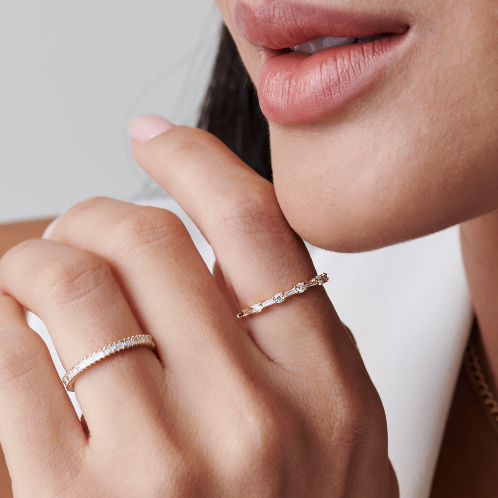 OBFJ1127 - Dainty Stackable Full Eternity Baguette Diamond Ring ring in selectable metal and diamond options - Roselle Jewelry view 3
