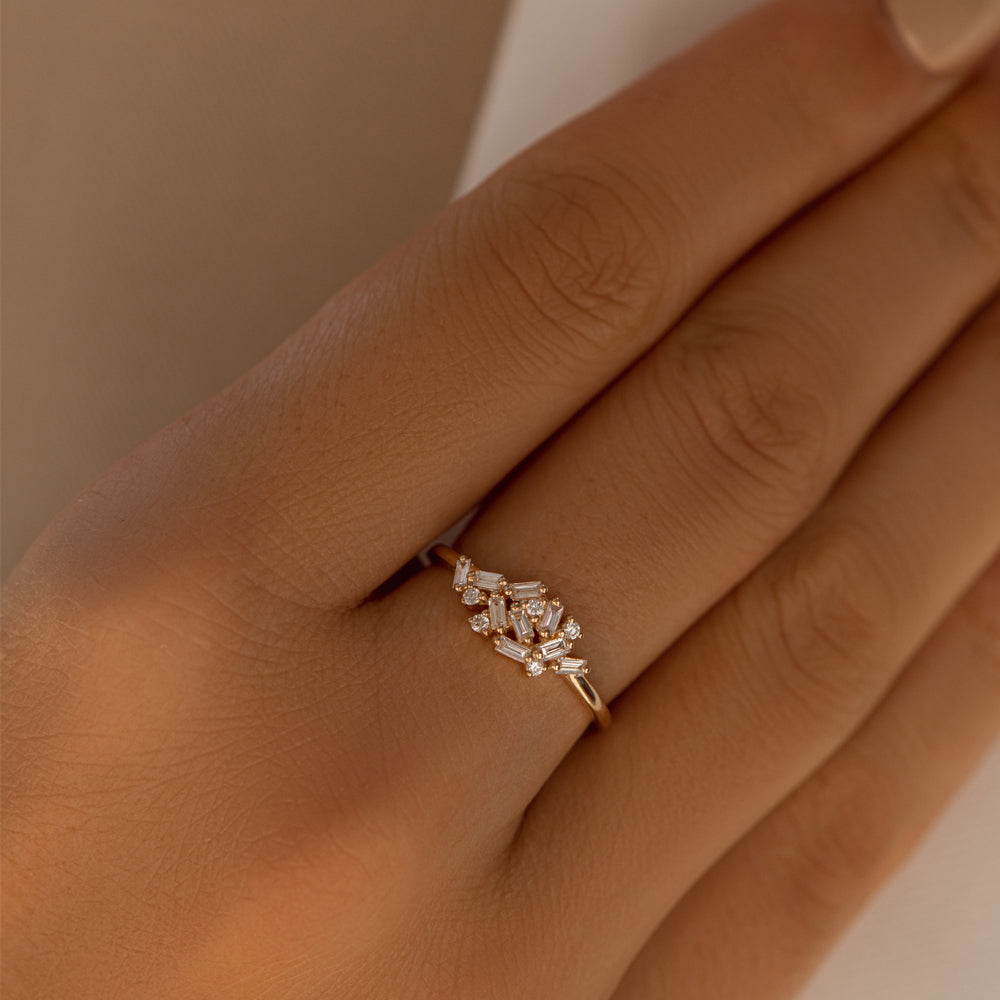 OBFJ2200 - 14k Baguette and Round Diamond Dainty Cluster Ring 2