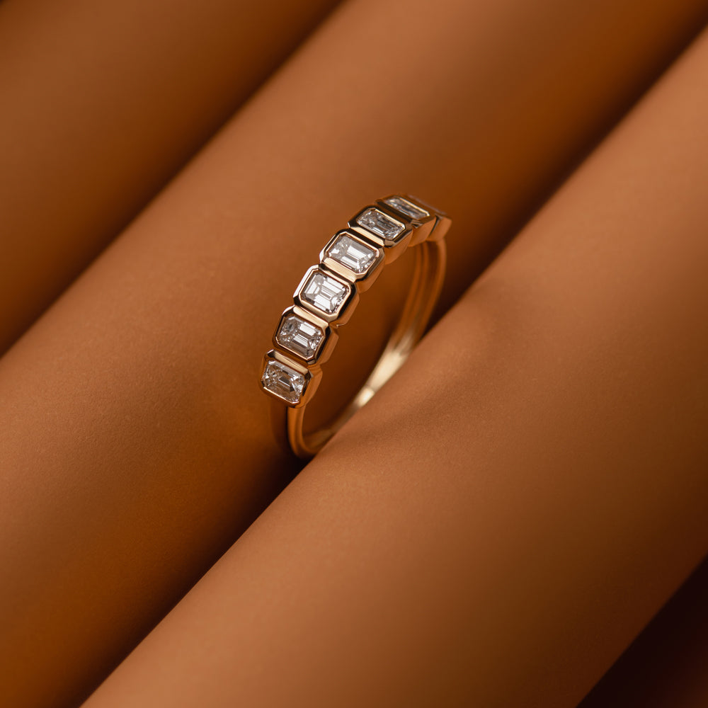 OBFJ2203 - Bezel Setting Emerald Cut Diamond Wedding Band ring in selectable metal and diamond options - Roselle Jewelry view 6