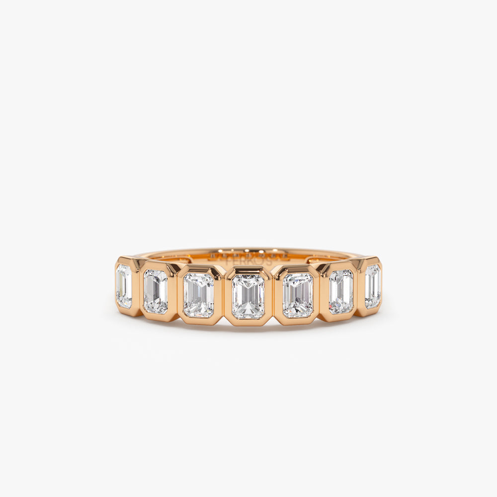 OBFJ2203 - Bezel Setting Emerald Cut Diamond Wedding Band ring in selectable metal and diamond options - Roselle Jewelry view 7