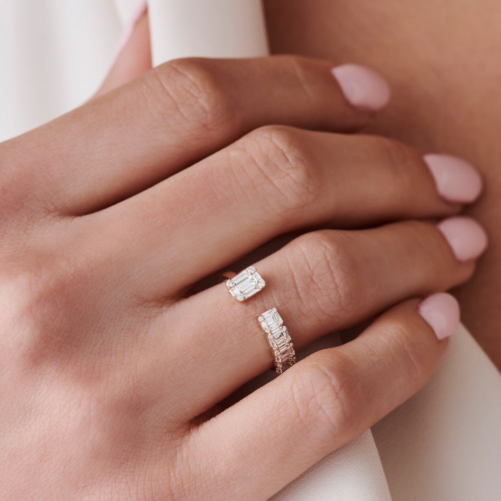 OBFJ2257 - Floating Diamond Baguette Cut Diamond Ring ring in selectable metal and diamond options - Roselle Jewelry view 2