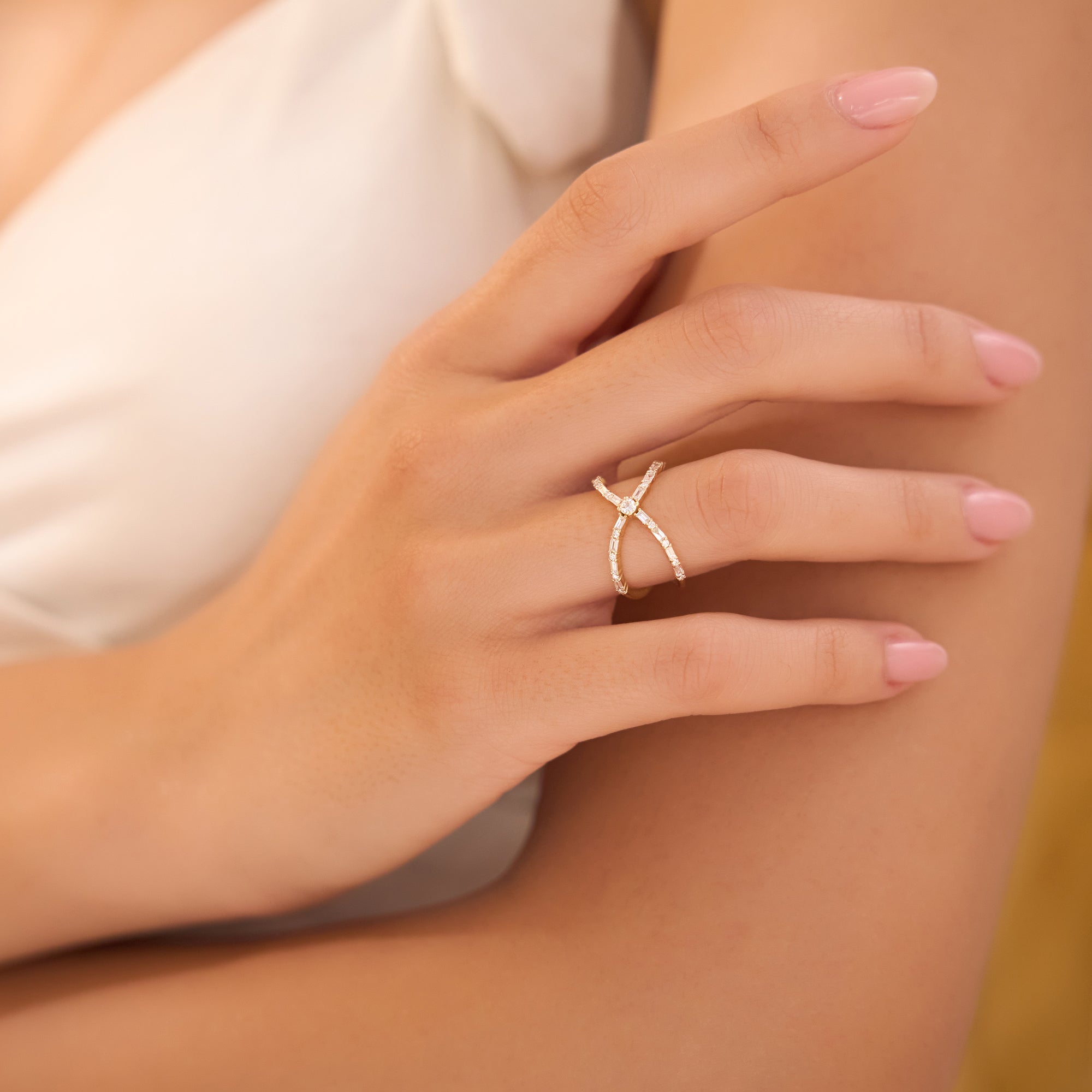 OBFJ2237 - Baguette & Round Diamond Crisscross Ring in ring in selectable metal and diamond options - Roselle Jewelry view 5