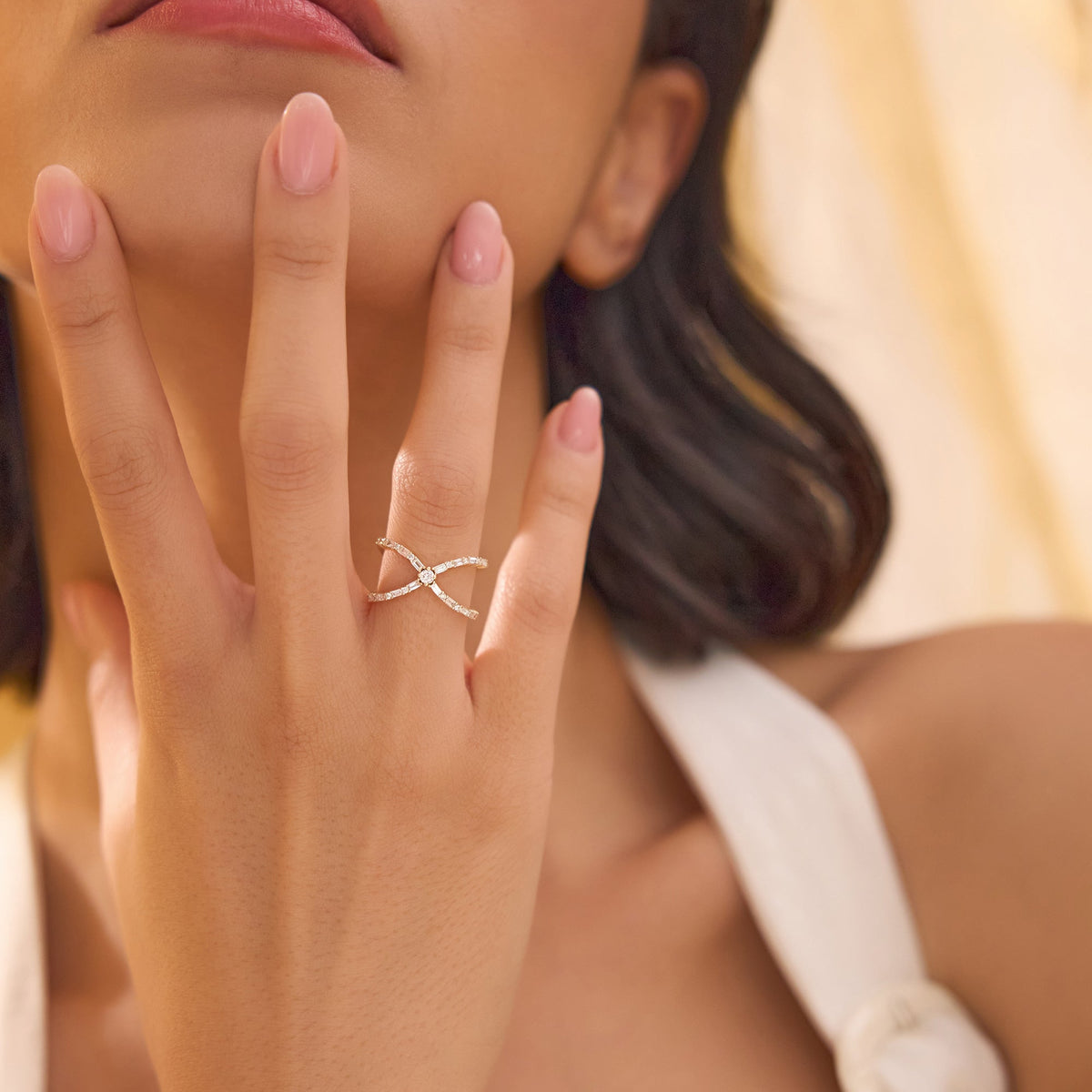 OBFJ2237 - Baguette & Round Diamond Crisscross Ring in ring in selectable metal and diamond options - Roselle Jewelry view 4