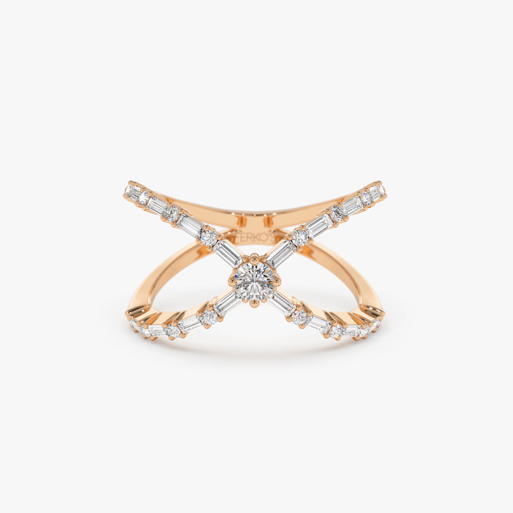 OBFJ2237 - Baguette & Round Diamond Crisscross Ring in ring in selectable metal and diamond options - Roselle Jewelry view 7