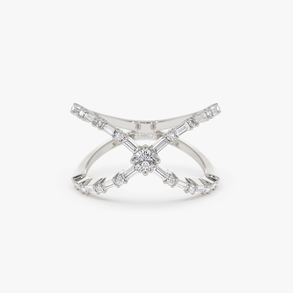 OBFJ2237 - Baguette & Round Diamond Crisscross Ring in ring in selectable metal and diamond options - Roselle Jewelry view 8