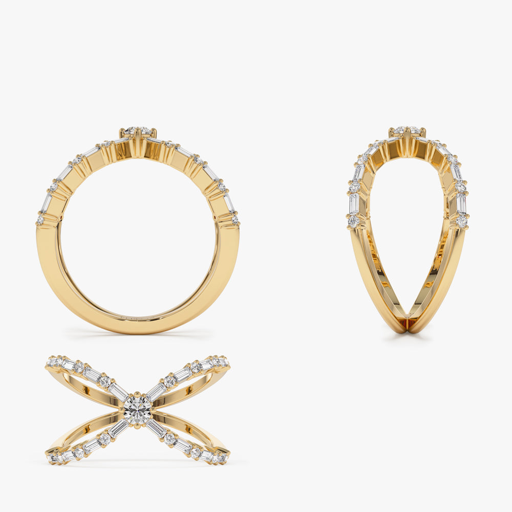 OBFJ2237 - Baguette & Round Diamond Crisscross Ring in ring in selectable metal and diamond options - Roselle Jewelry view 10