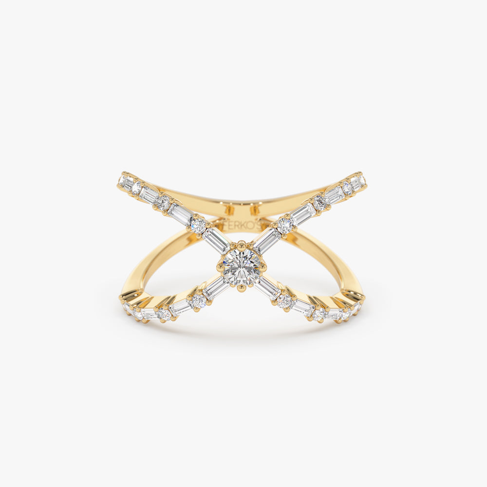 OBFJ2237 - Baguette & Round Diamond Crisscross Ring in ring in selectable metal and diamond options - Roselle Jewelry view 1