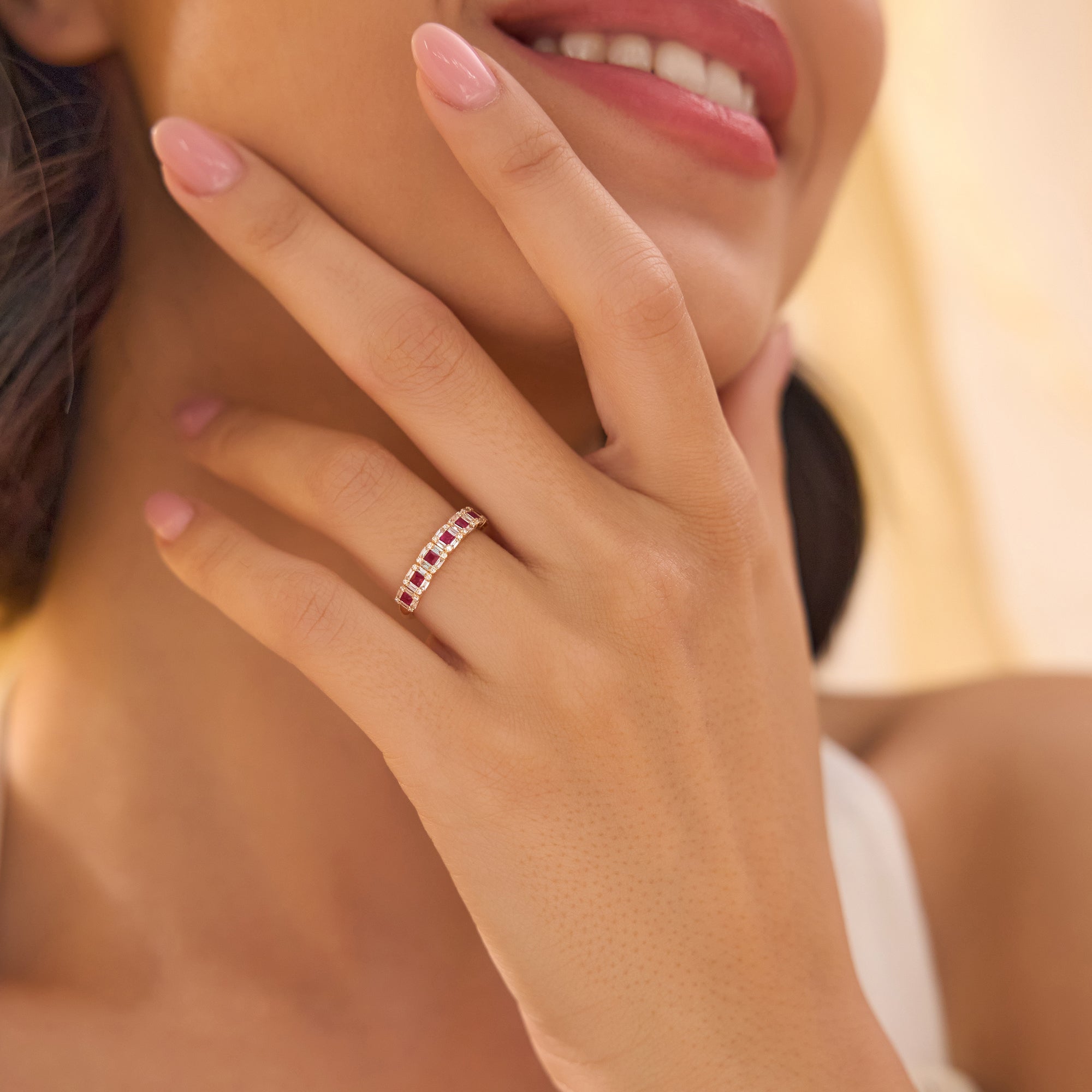 OBFJ2259 - 14k Princess Cut Ruby W/ Baguette and Round Diamond Ring 4